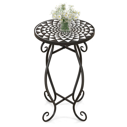 Small Plant Stand with Weather Resistant Ceramic Tile Tabletop-Black & White