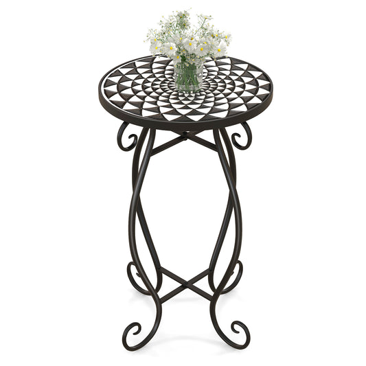 Small Plant Stand with Weather Resistant Ceramic Tile Tabletop-Black & White Kids Crystal