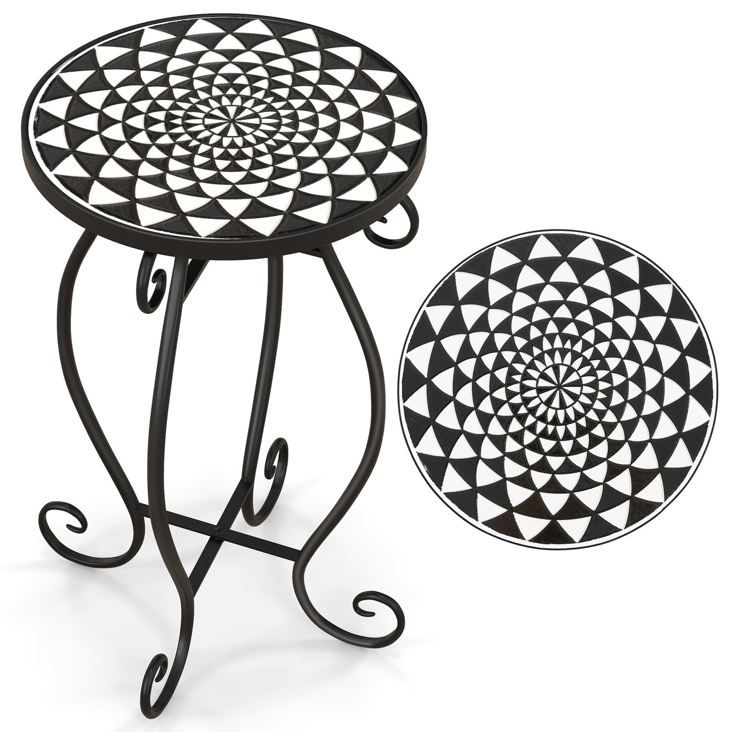 Small Plant Stand with Weather Resistant Ceramic Tile Tabletop-Black & White Kids Crystal