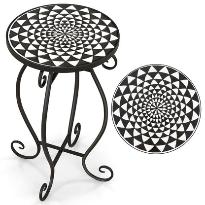 Small Plant Stand with Weather Resistant Ceramic Tile Tabletop-Black & White