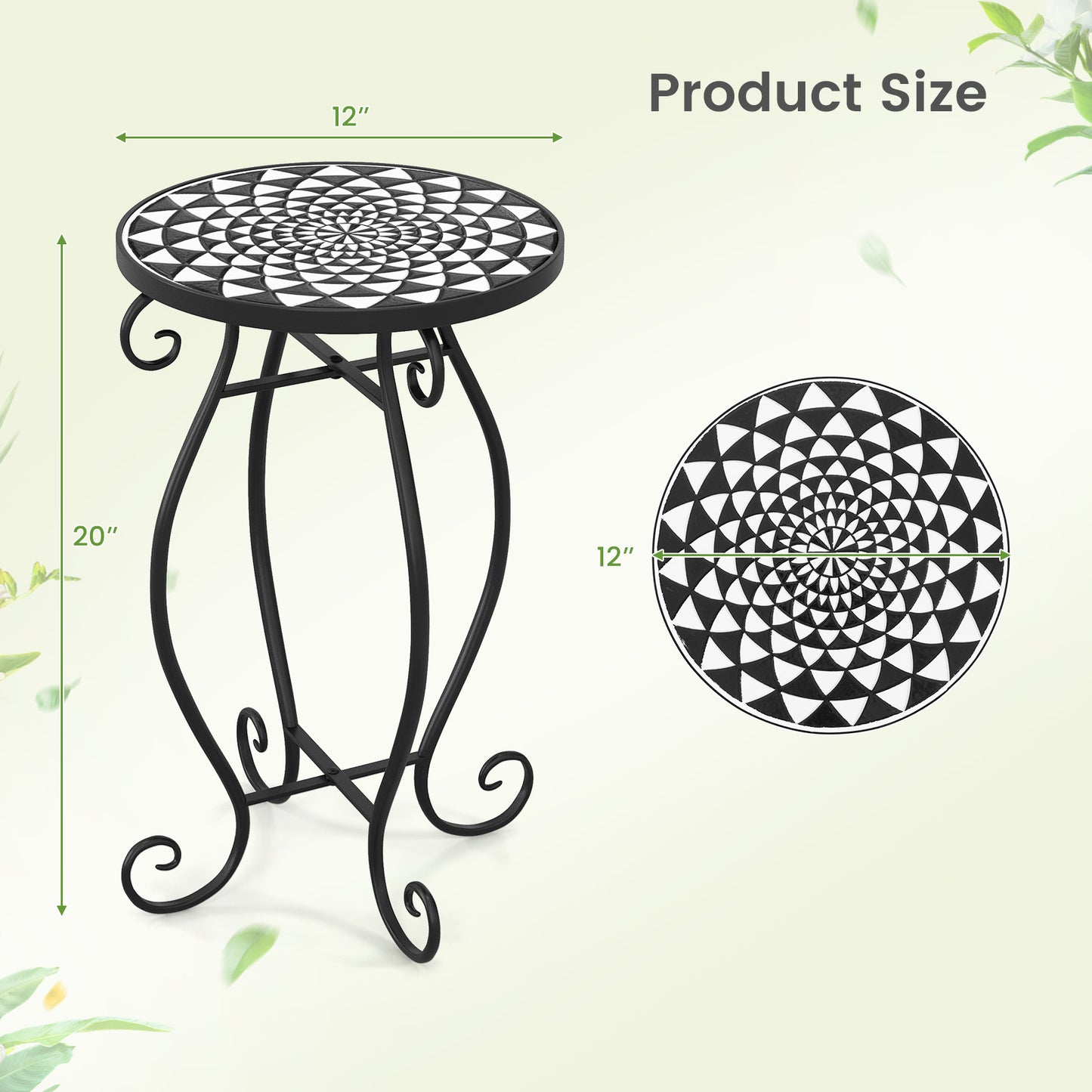 Small Plant Stand with Weather Resistant Ceramic Tile Tabletop-Black & White Kids Crystal
