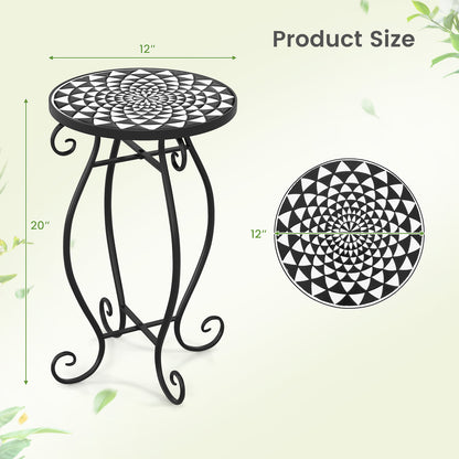 Small Plant Stand with Weather Resistant Ceramic Tile Tabletop-Black & White