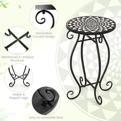 Small Plant Stand with Weather Resistant Ceramic Tile Tabletop-Black & White