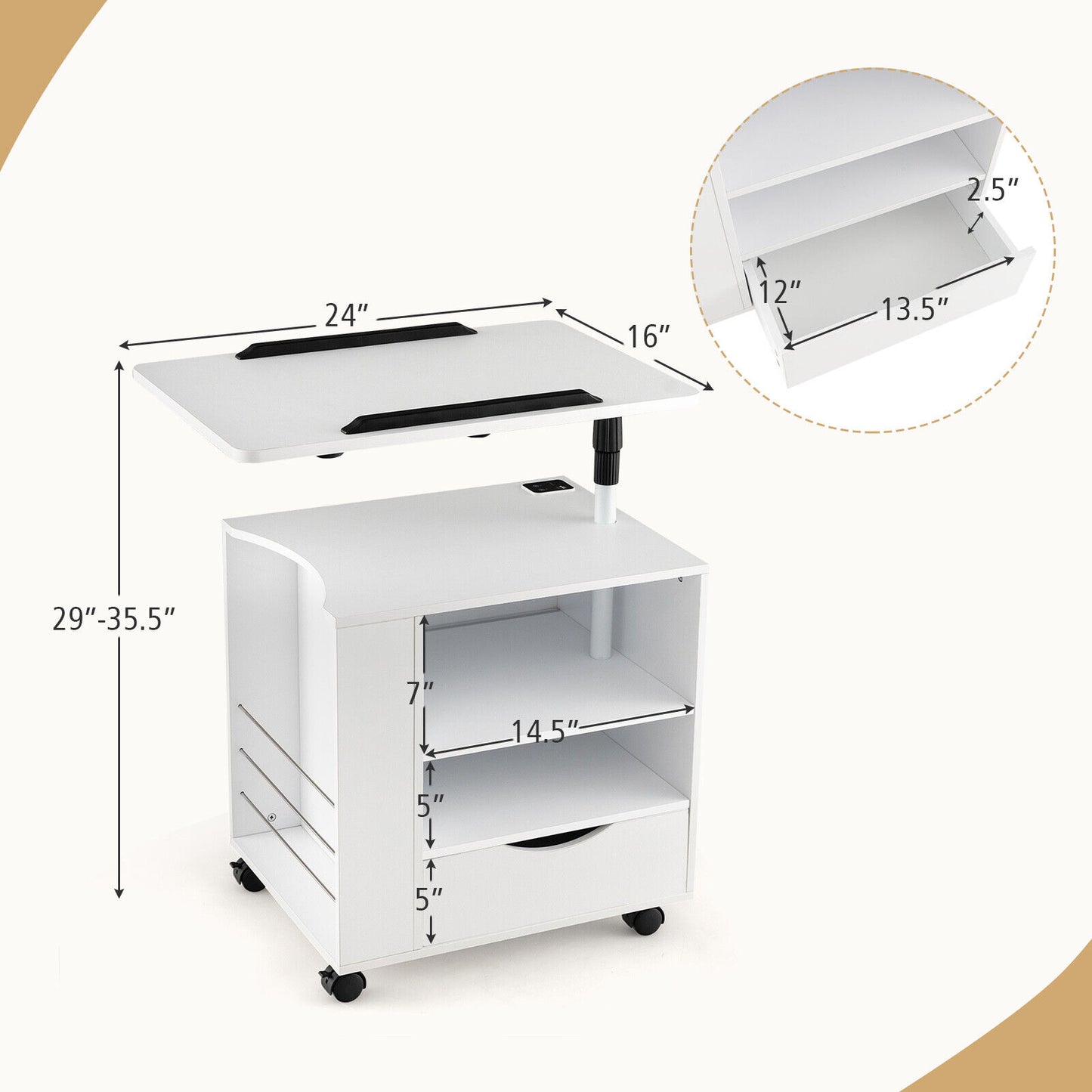 Nightstand Bedside Table Swivel Laptop Tray with Charging Station and LED Lights-White Kids Crystal
