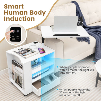 Nightstand Bedside Table Swivel Laptop Tray with Charging Station and LED Lights-White