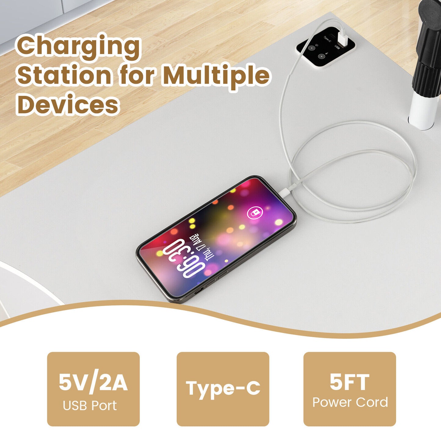 Nightstand Bedside Table Swivel Laptop Tray with Charging Station and LED Lights-White Kids Crystal