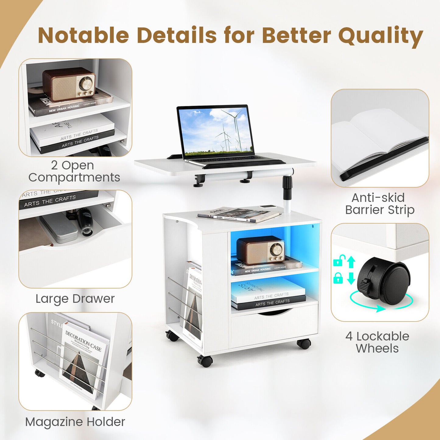 Nightstand Bedside Table Swivel Laptop Tray with Charging Station and LED Lights-White Kids Crystal