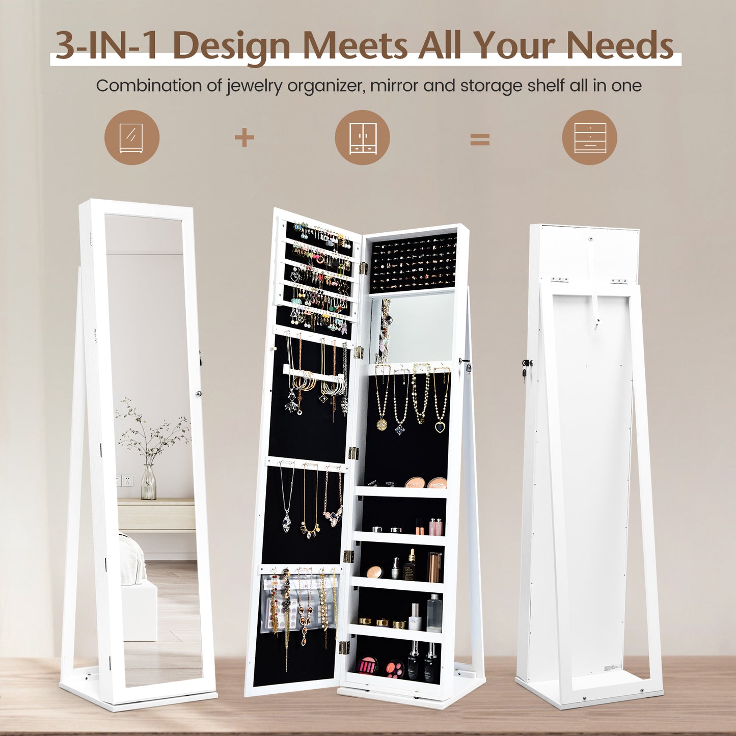 Lockable Freestanding Jewelry Armoire with Full Length Mirror-White Kids Crystal