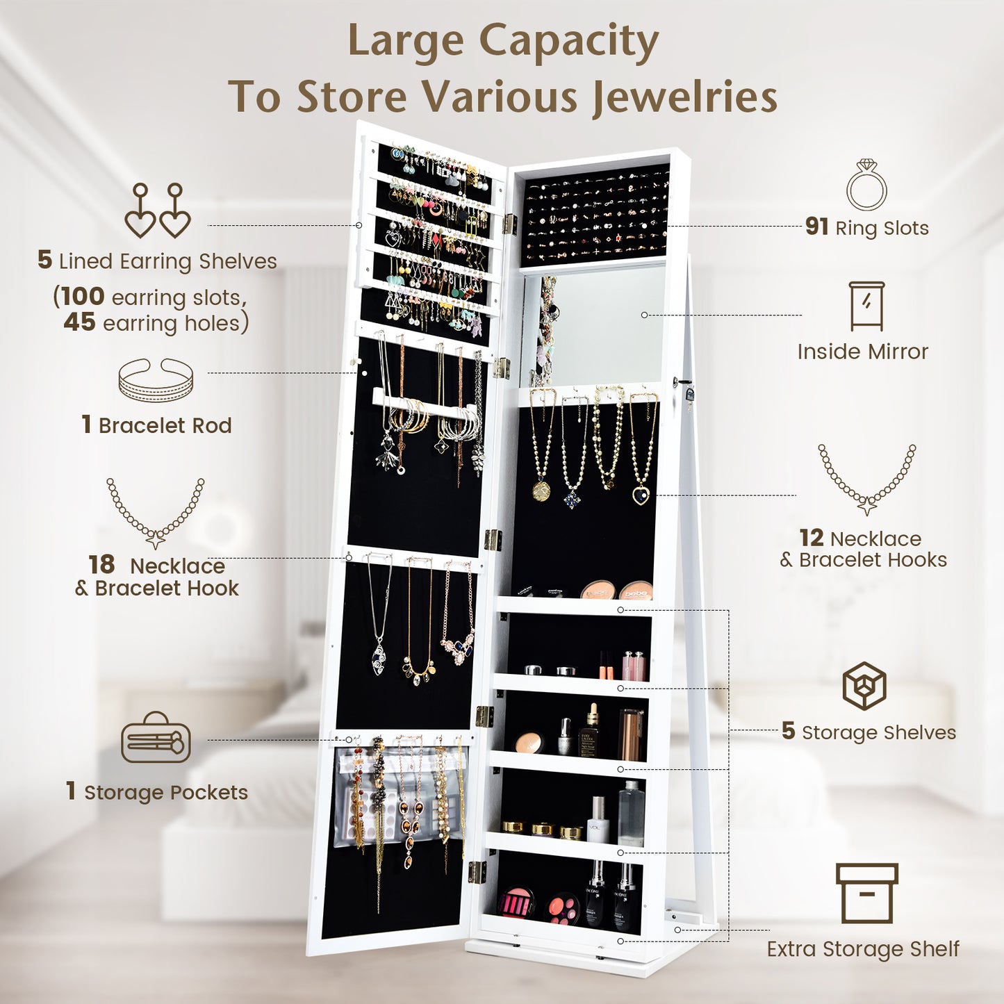 Lockable Freestanding Jewelry Armoire with Full Length Mirror-White Kids Crystal