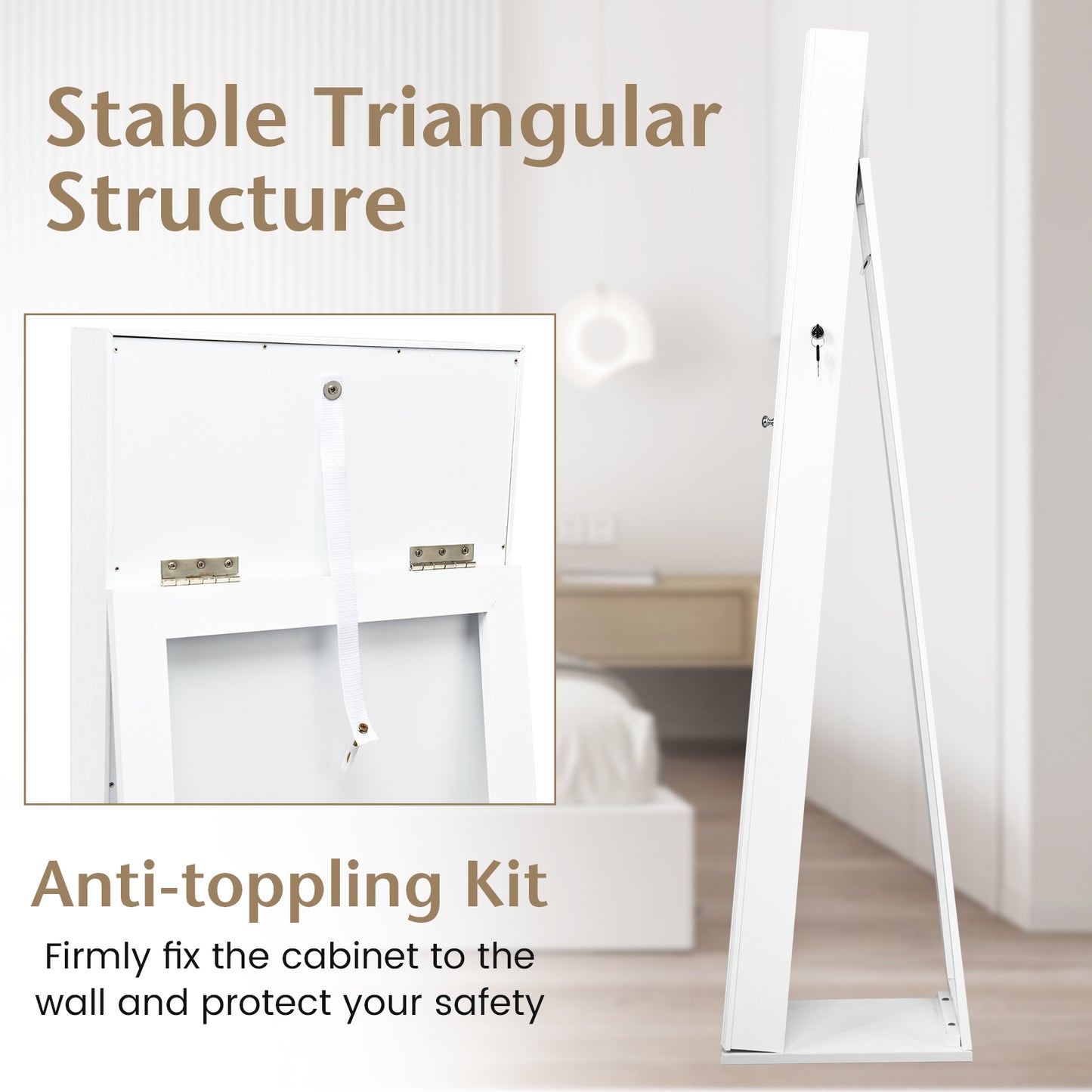 Lockable Freestanding Jewelry Armoire with Full Length Mirror-White Kids Crystal