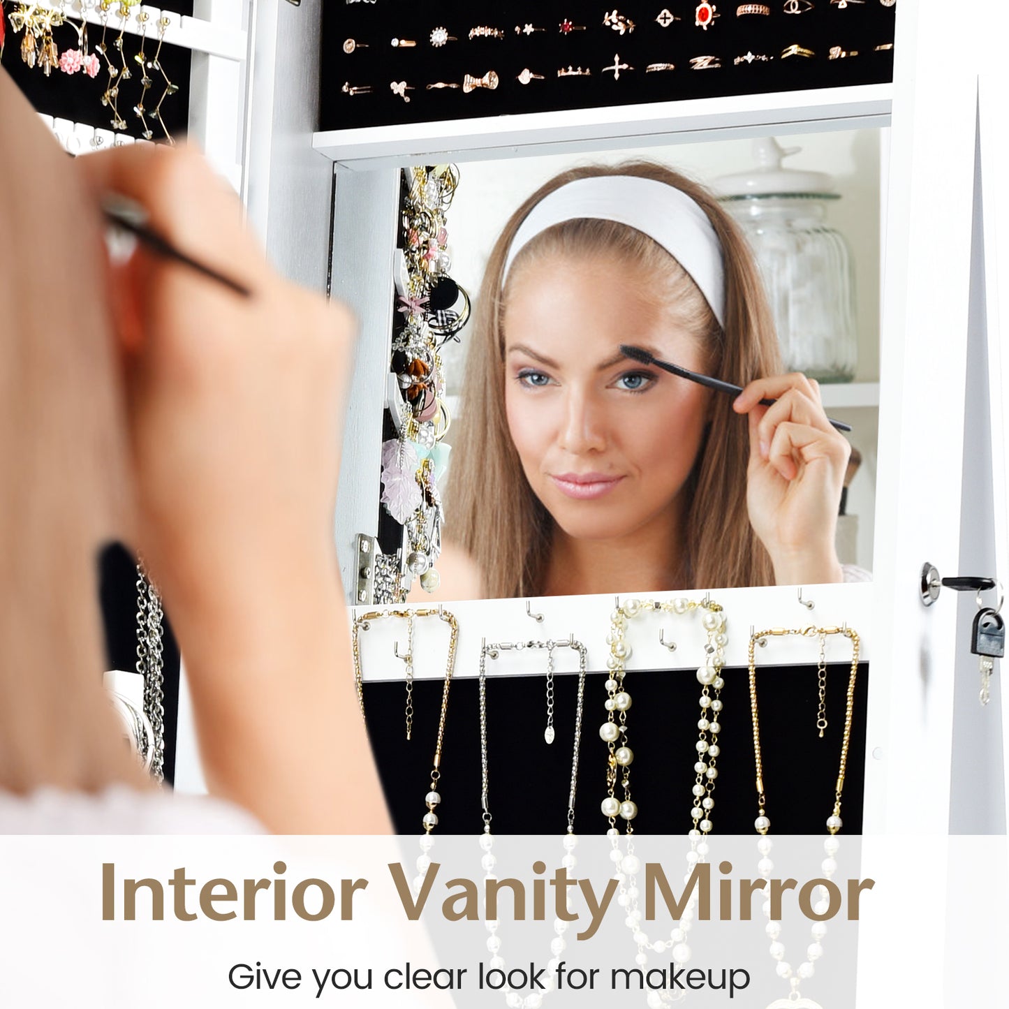 Lockable Freestanding Jewelry Armoire with Full Length Mirror-White Kids Crystal