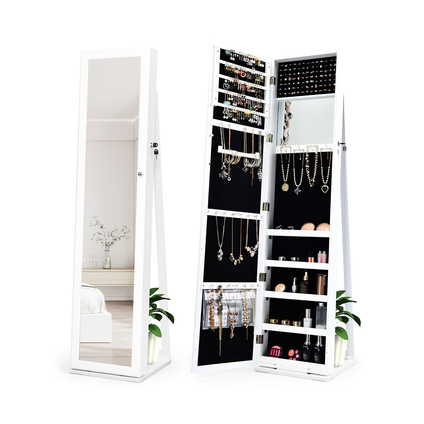 Lockable Freestanding Jewelry Armoire with Full Length Mirror-White Kids Crystal