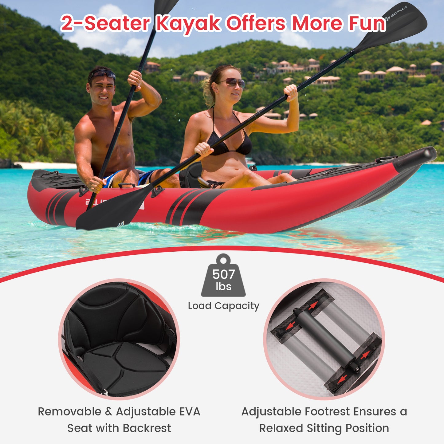 Inflatable 2-person Kayak Set with Aluminium Oars and Repair Kit-Red Kids Crystal