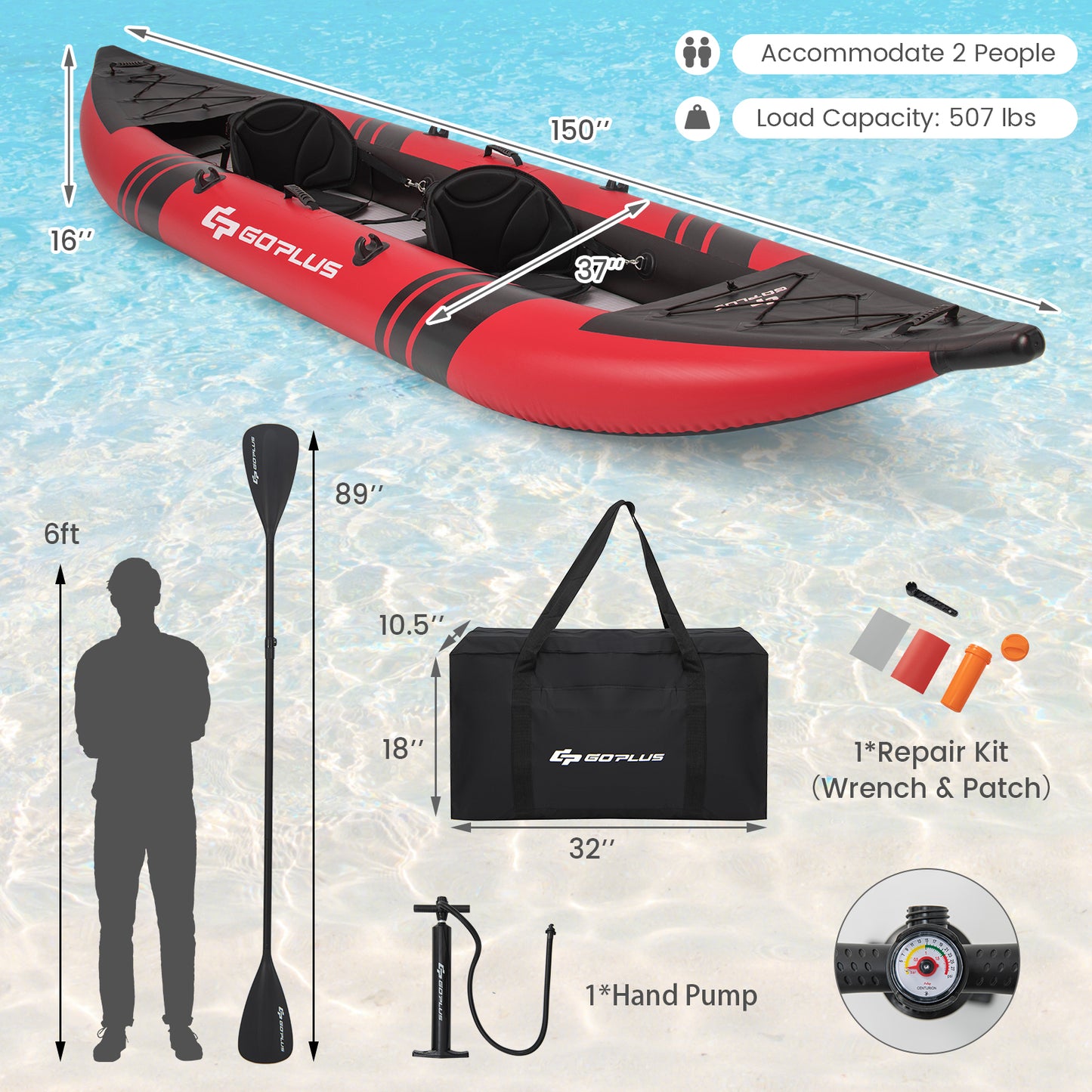 Inflatable 2-person Kayak Set with Aluminium Oars and Repair Kit-Red Kids Crystal