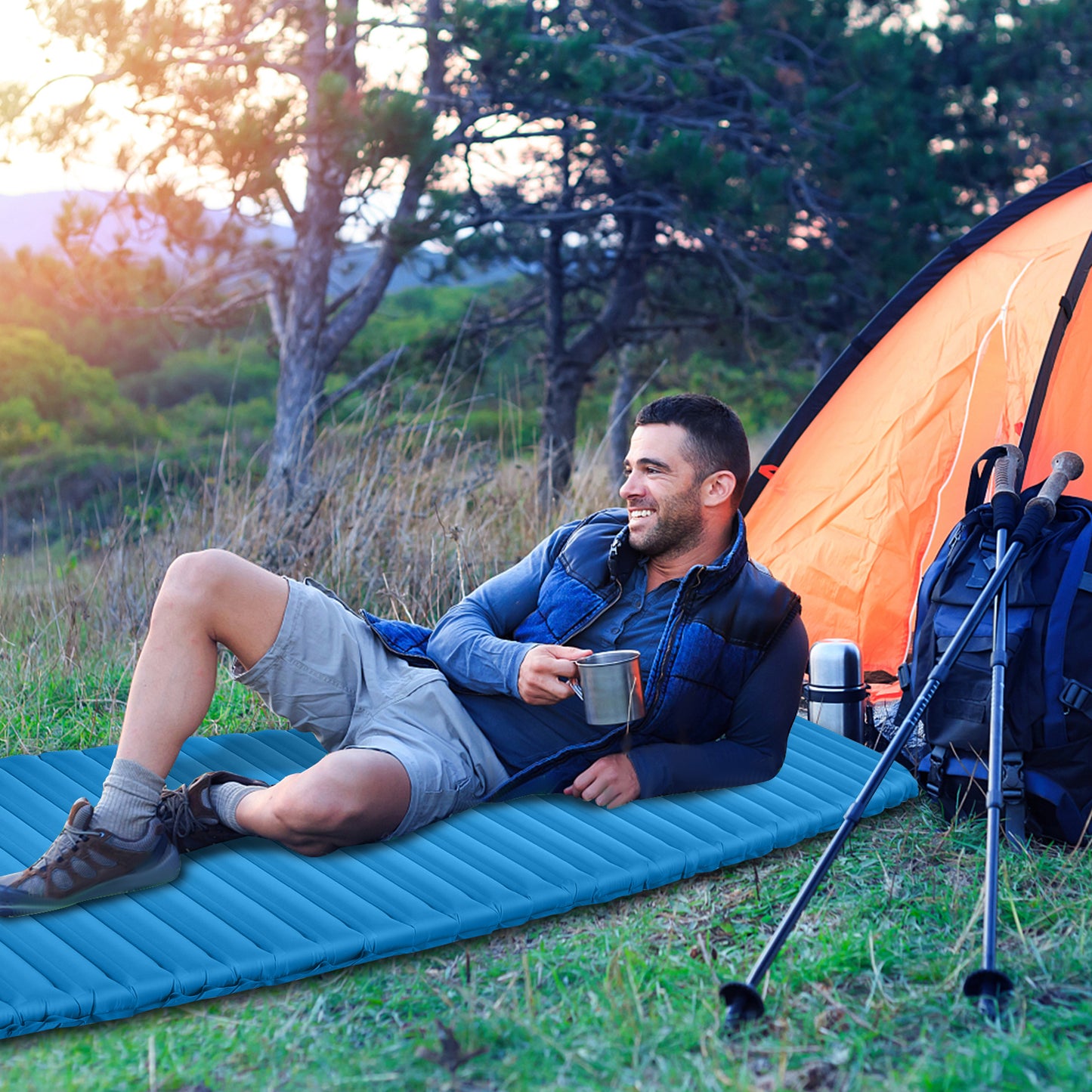 3 Inch Thick Inflatable Waterproof Camping Sleeping Pad-Blue Kids Crystal