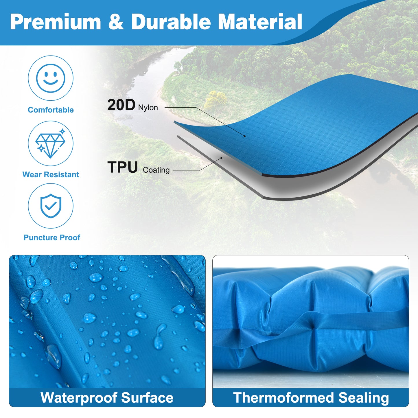 3 Inch Thick Inflatable Waterproof Camping Sleeping Pad-Blue Kids Crystal