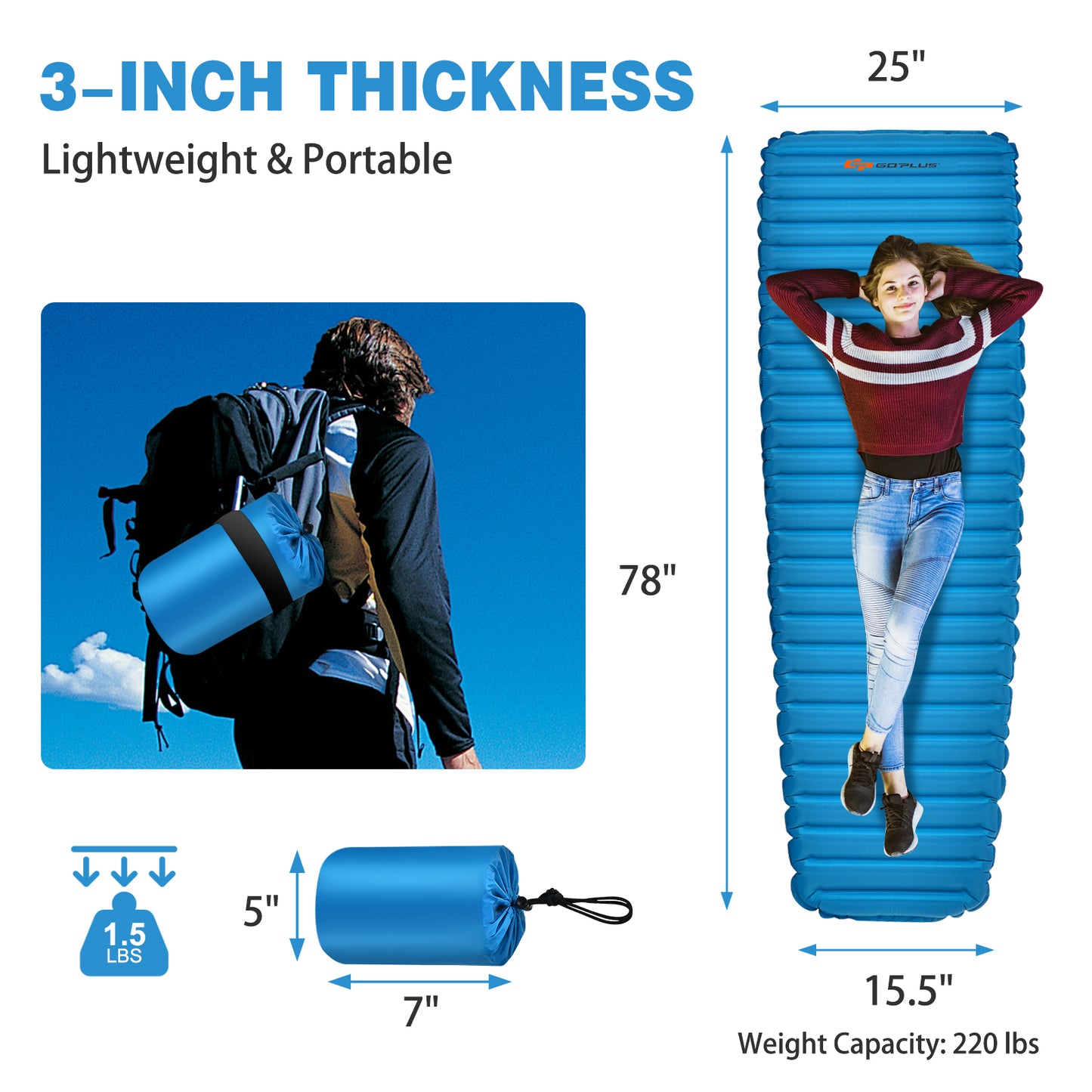 3 Inch Thick Inflatable Waterproof Camping Sleeping Pad-Blue Kids Crystal