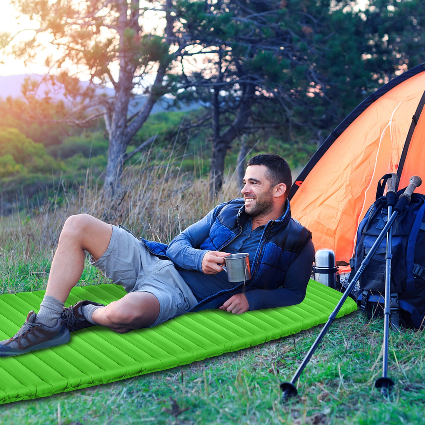 3 Inch Thick Inflatable Waterproof Camping Sleeping Pad-Green Kids Crystal