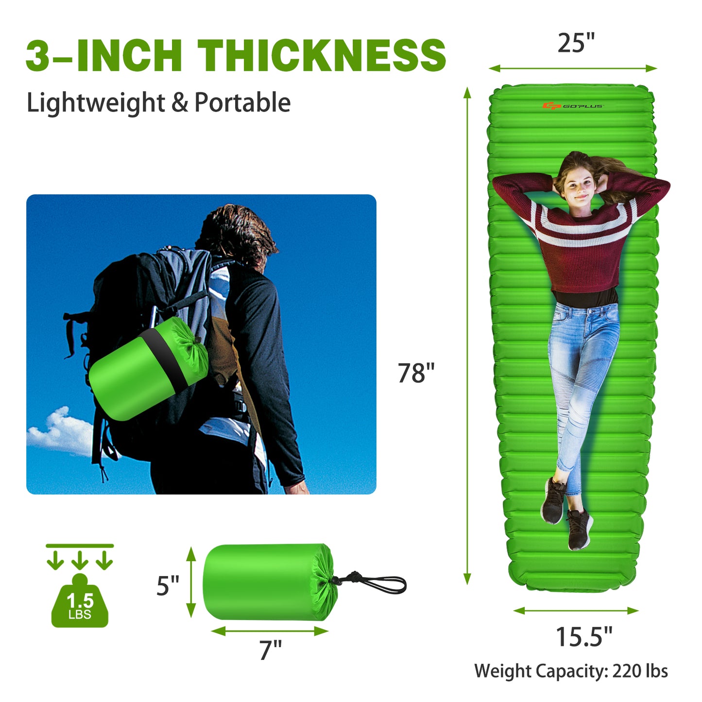 3 Inch Thick Inflatable Waterproof Camping Sleeping Pad-Green Kids Crystal