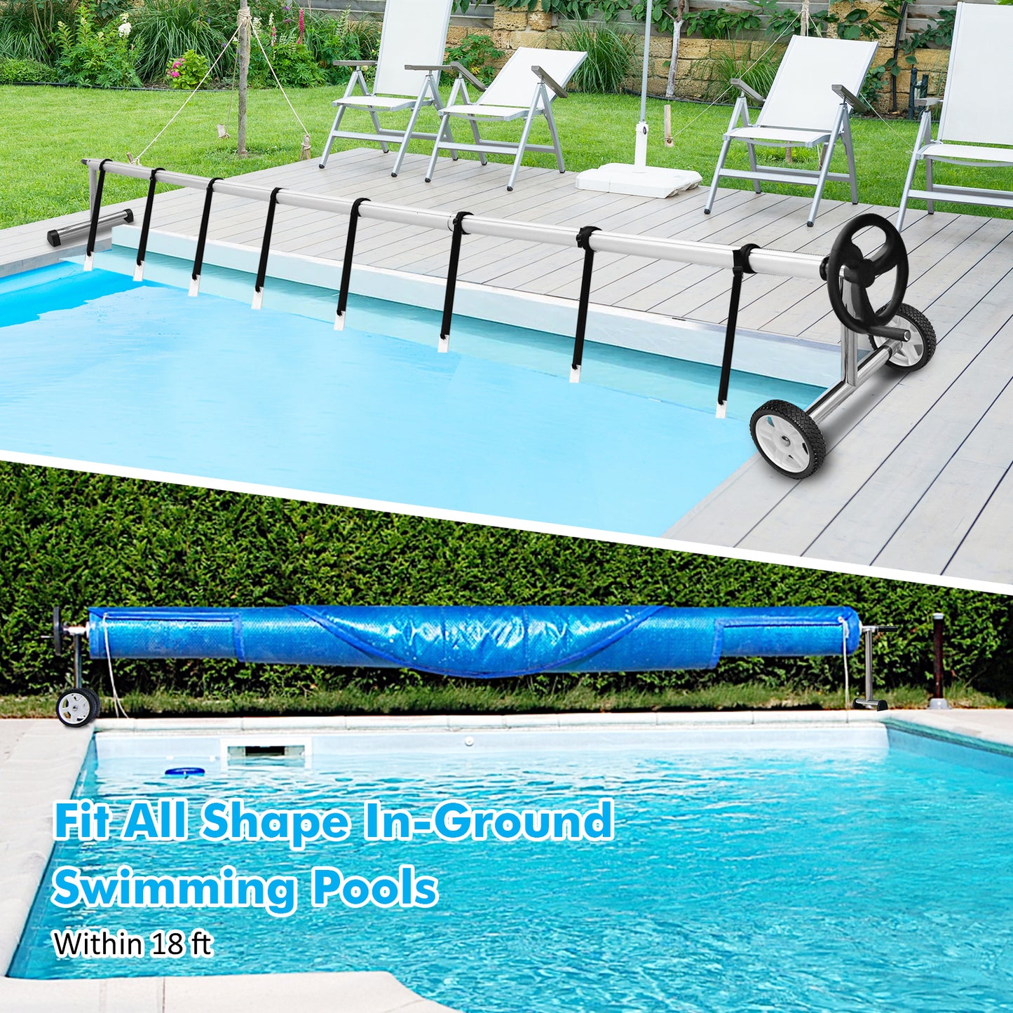 18 Feet Pool Cover Reel Set Aluminum In-ground Swimming Solar Cover Reel Kids Crystal