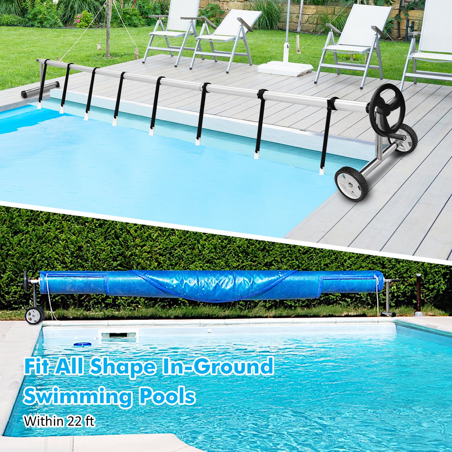 22 Ft Pool Cover Reel Set Aluminum In-ground Swimming Solar Cover Reel Kids Crystal