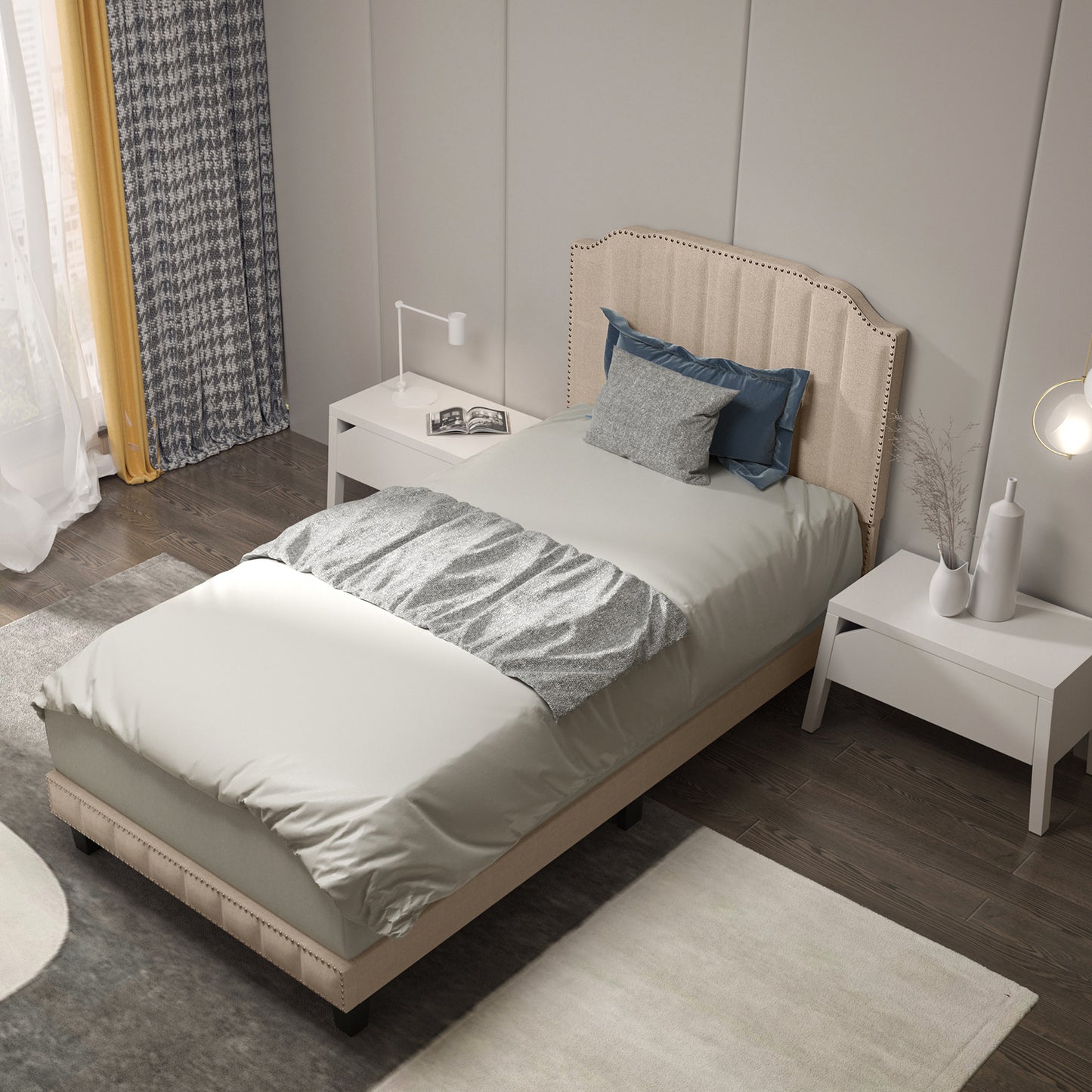 Heavy Duty Upholstered Bed Frame with Rivet Headboard-Twin Size Kids Crystal