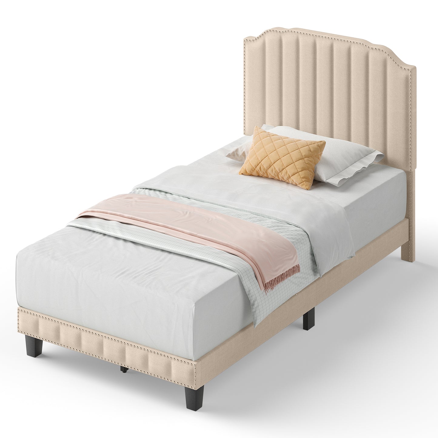 Heavy Duty Upholstered Bed Frame with Rivet Headboard-Twin Size Kids Crystal
