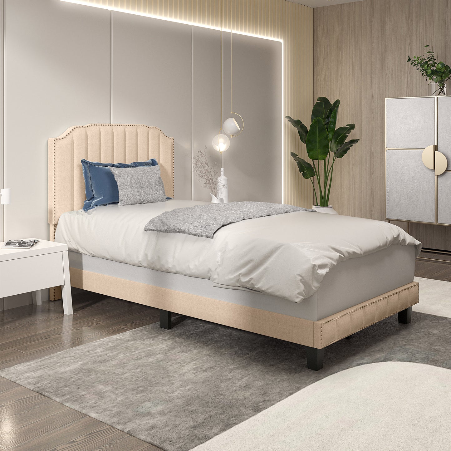 Heavy Duty Upholstered Bed Frame with Rivet Headboard-Twin Size Kids Crystal