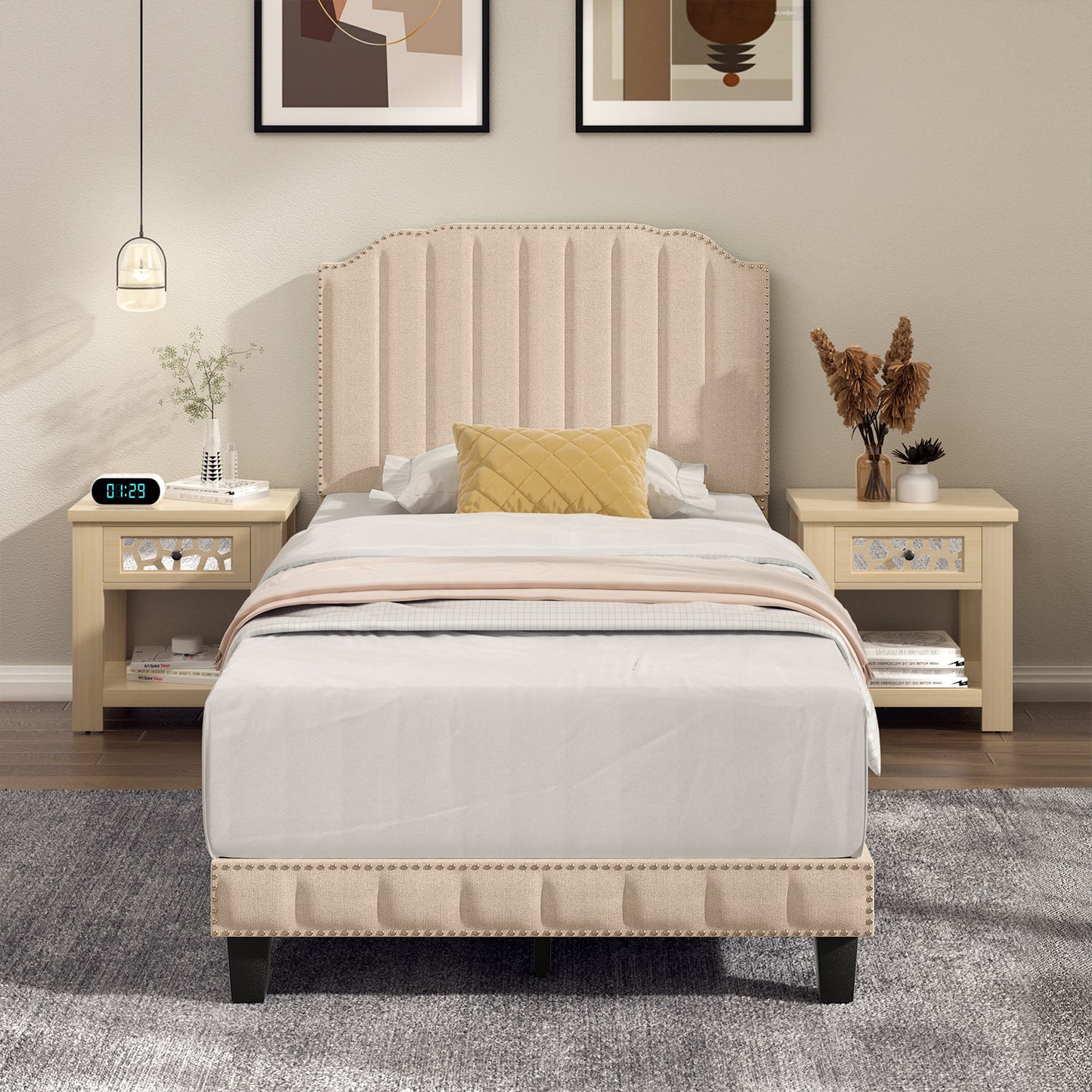 Heavy Duty Upholstered Bed Frame with Rivet Headboard-Twin Size Kids Crystal