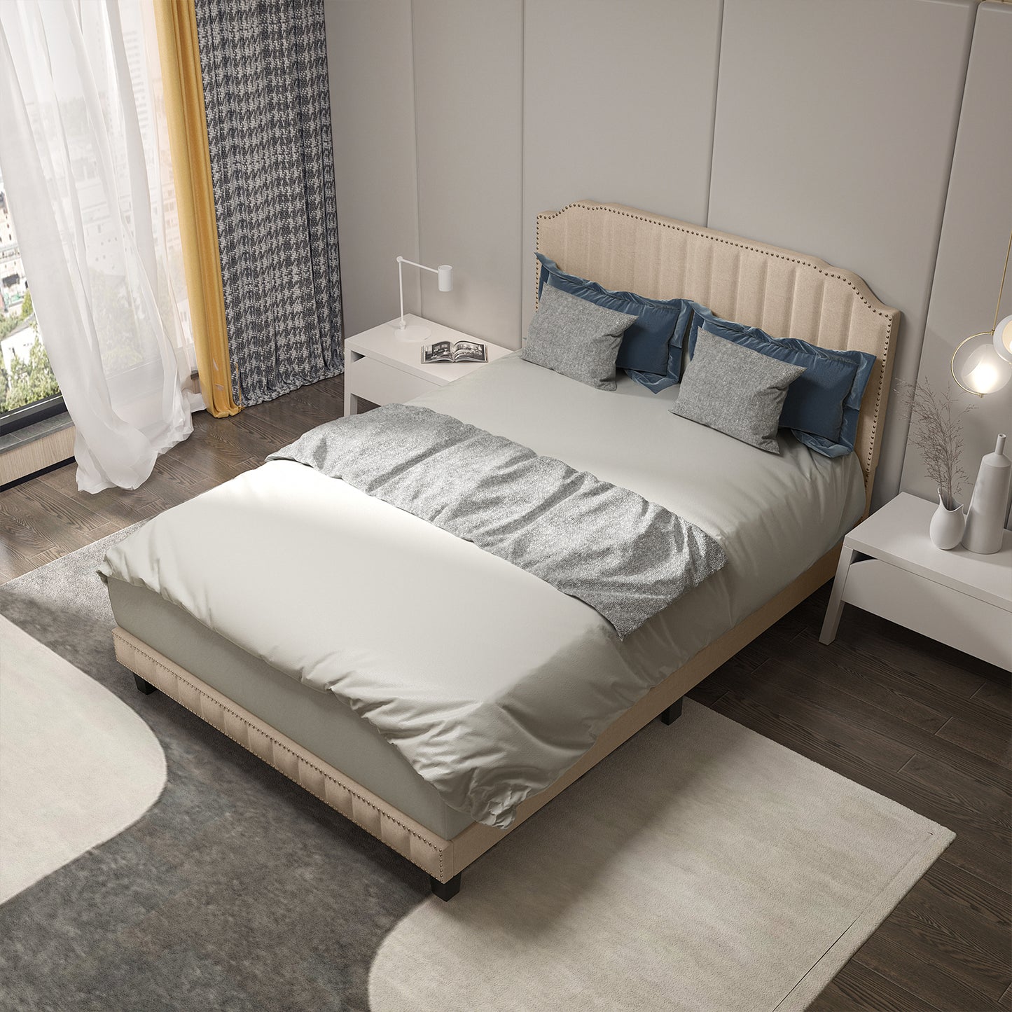 Heavy Duty Upholstered Bed Frame with Rivet Headboard-Full Size Kids Crystal