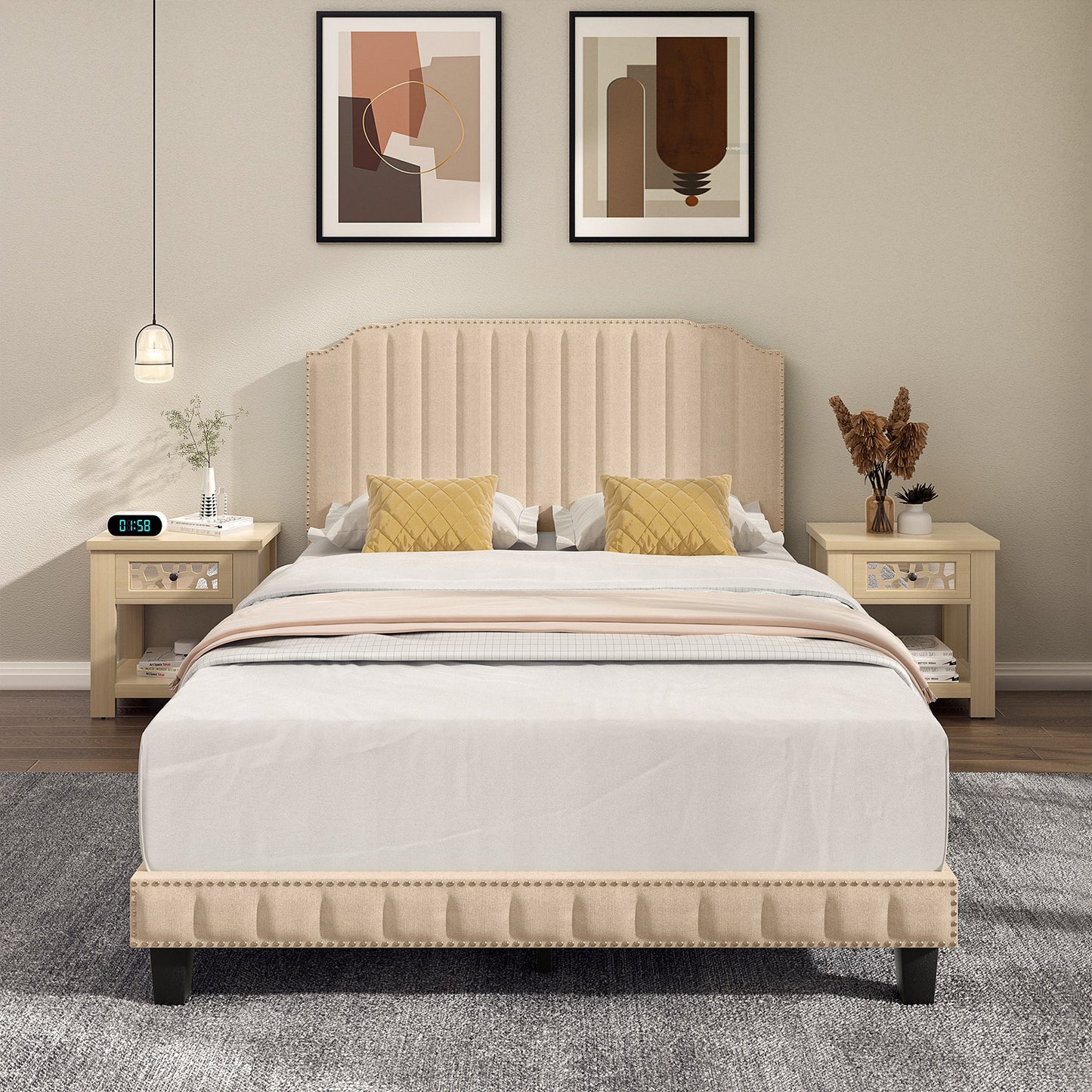 Heavy Duty Upholstered Bed Frame with Rivet Headboard-Full Size Kids Crystal