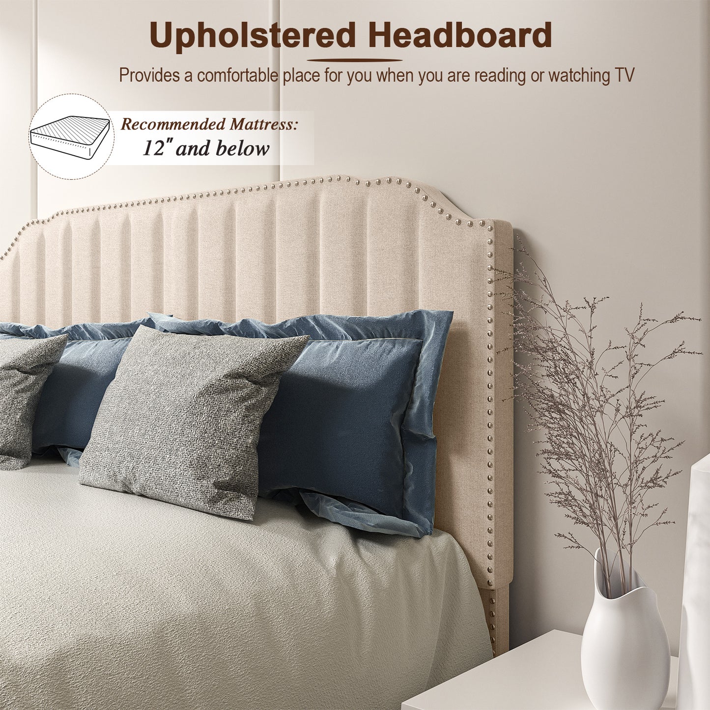 Heavy Duty Upholstered Bed Frame with Rivet Headboard-Full Size Kids Crystal