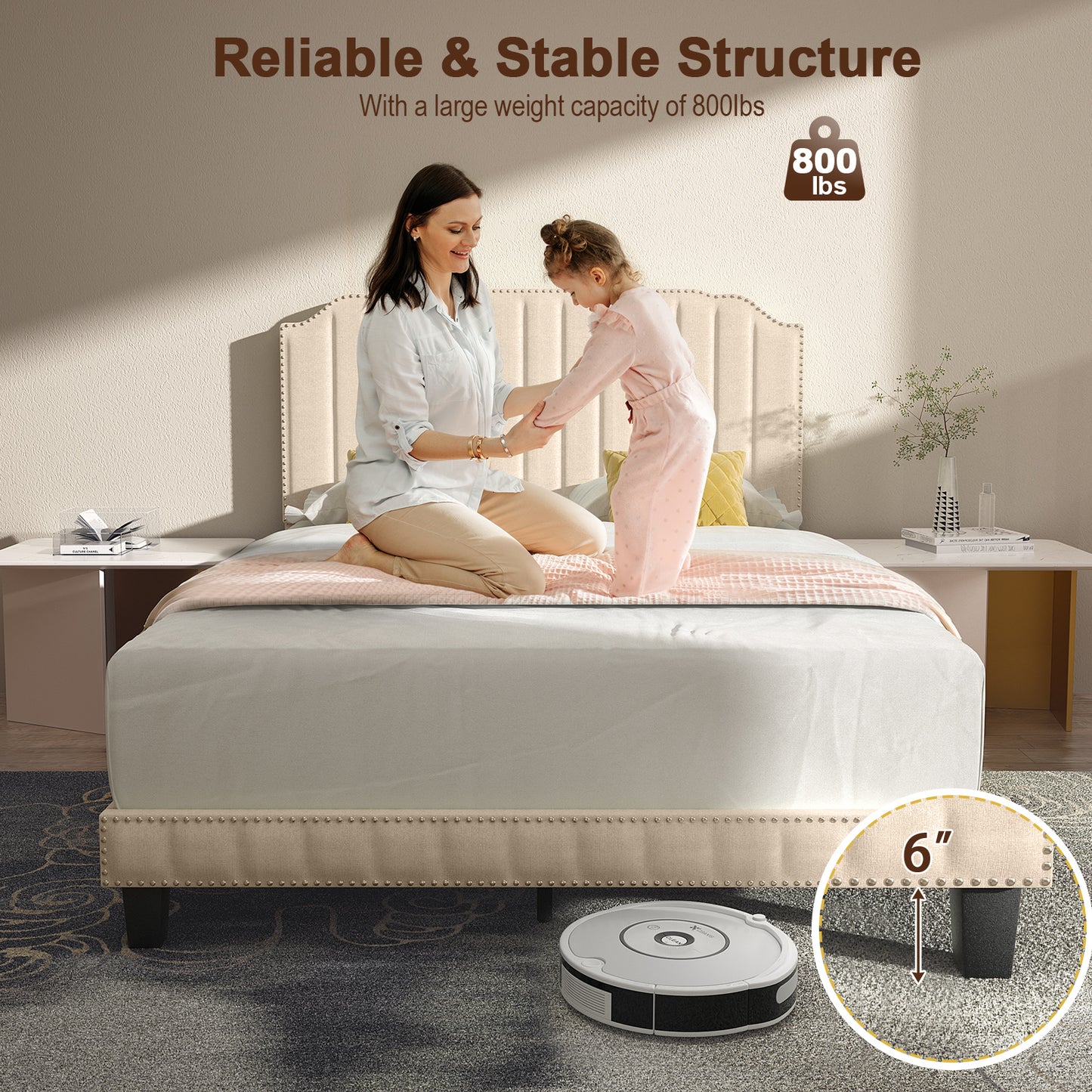 Heavy Duty Upholstered Bed Frame with Rivet Headboard-Full Size Kids Crystal