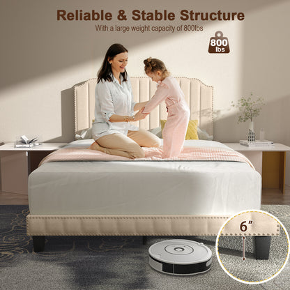 Heavy Duty Upholstered Bed Frame with Rivet Headboard-Full Size