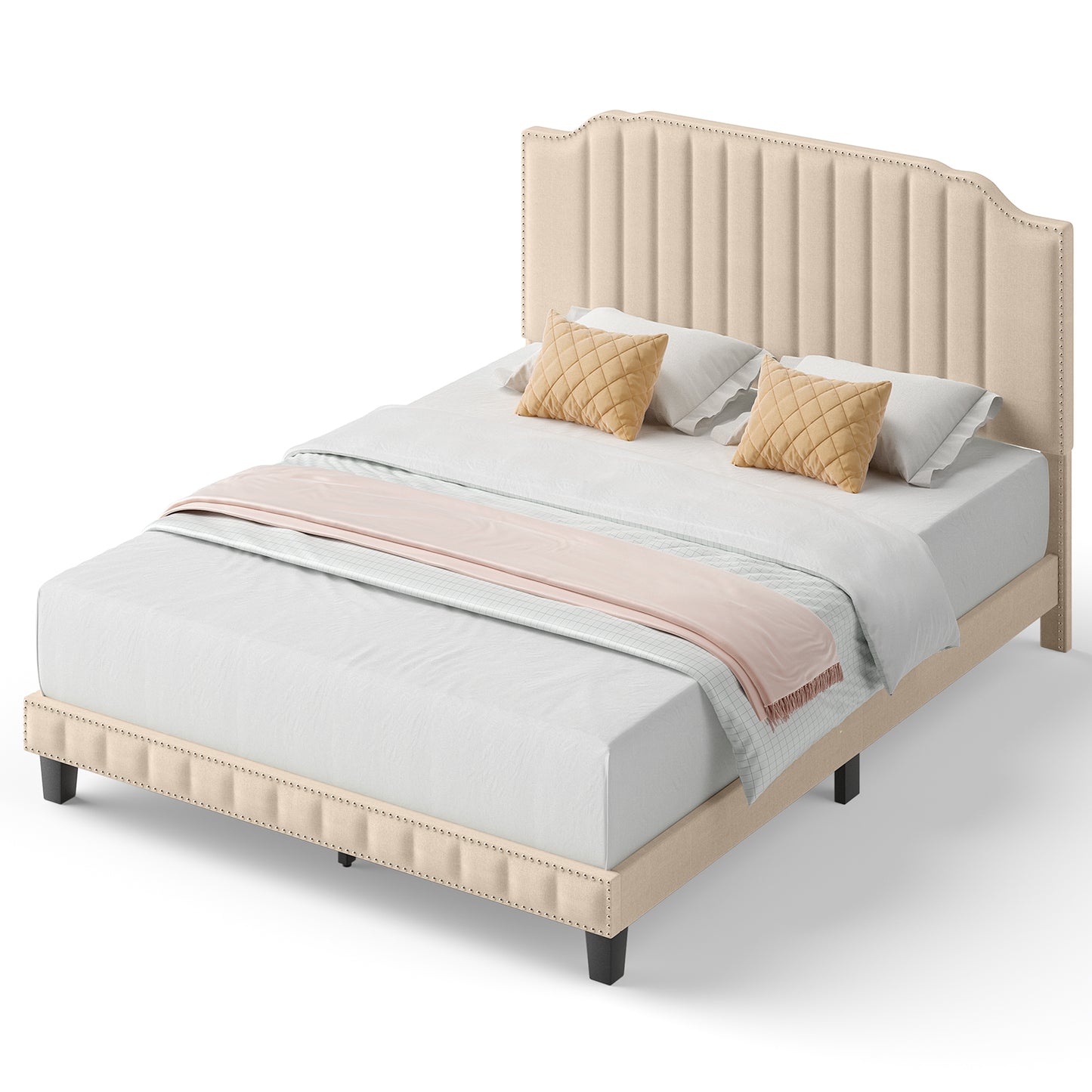 Heavy Duty Upholstered Bed Frame with Rivet Headboard-Queen Size Kids Crystal