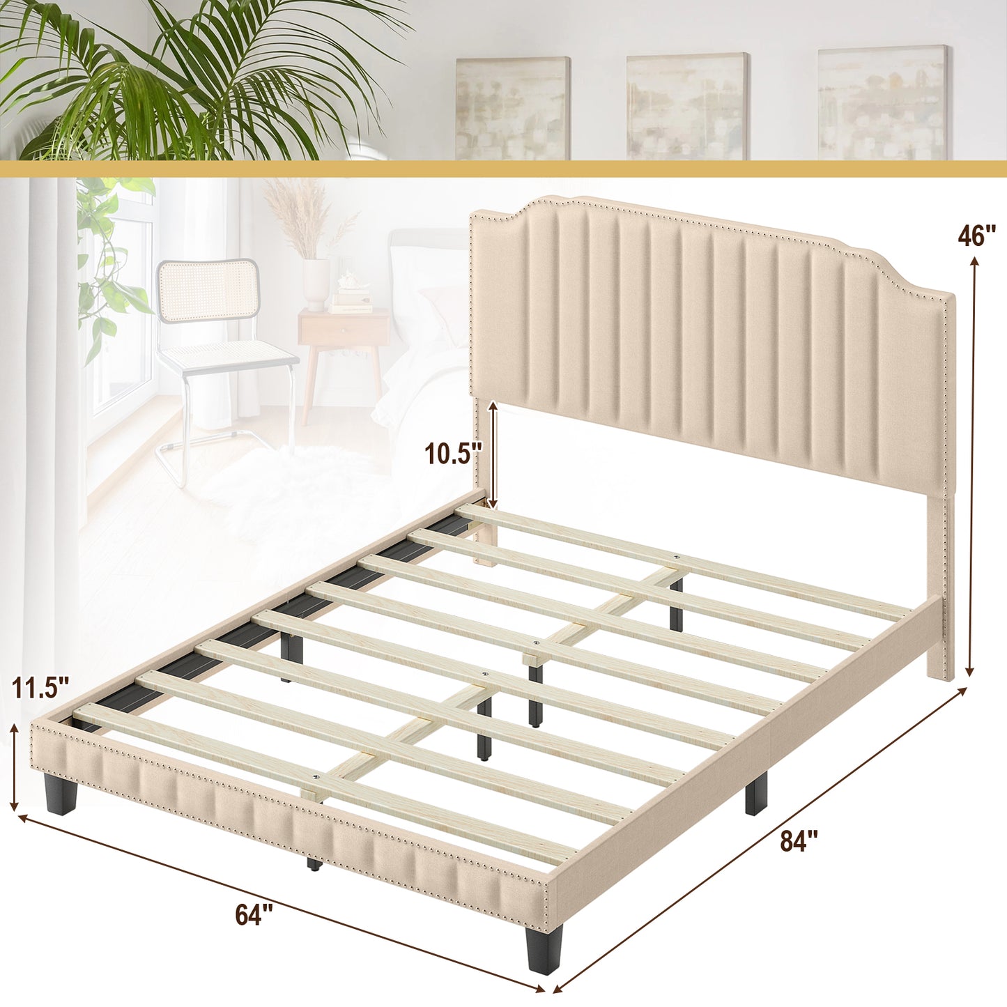 Heavy Duty Upholstered Bed Frame with Rivet Headboard-Queen Size Kids Crystal