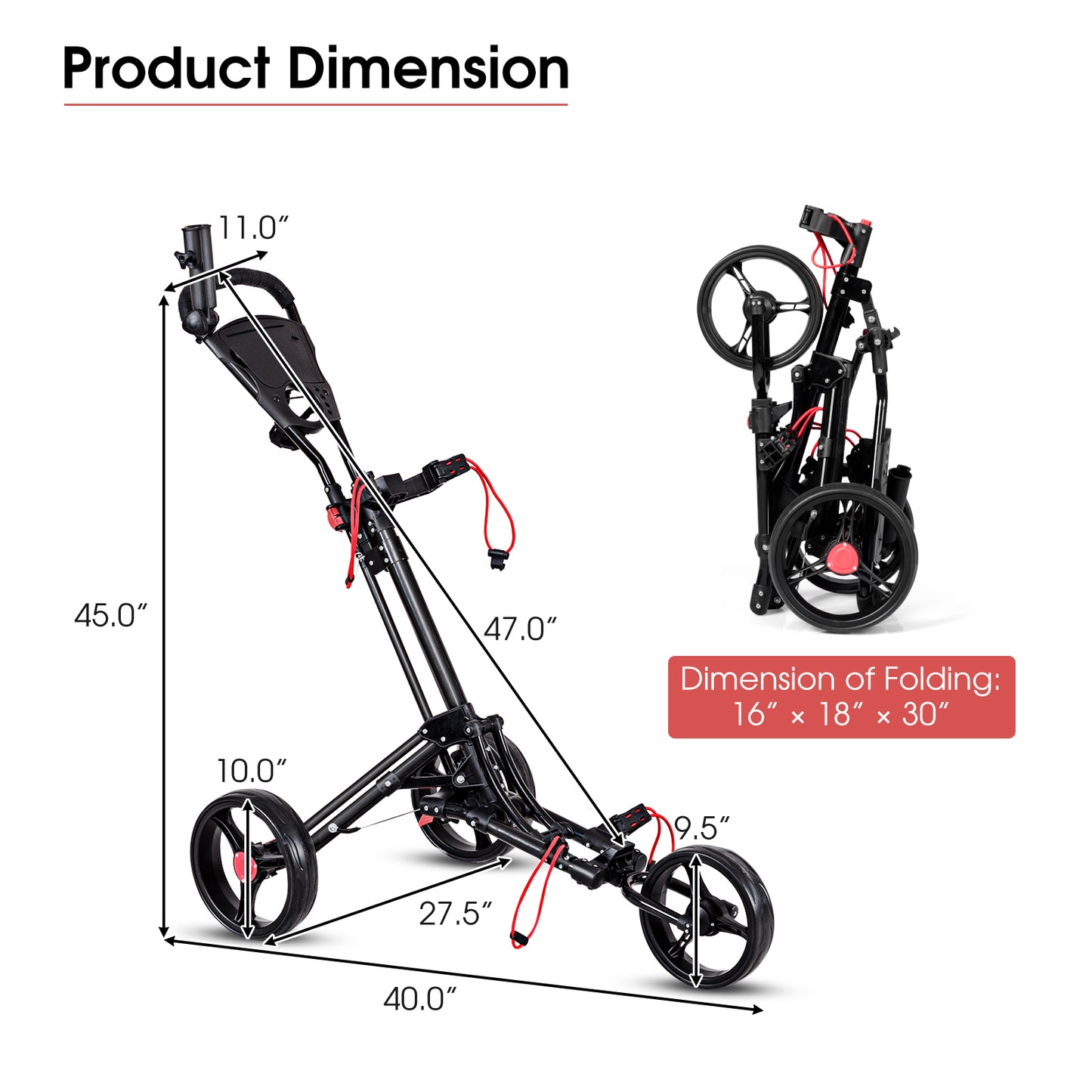 Foldable 3 Wheel Golf Pull Push Cart Trolley Kids Crystal