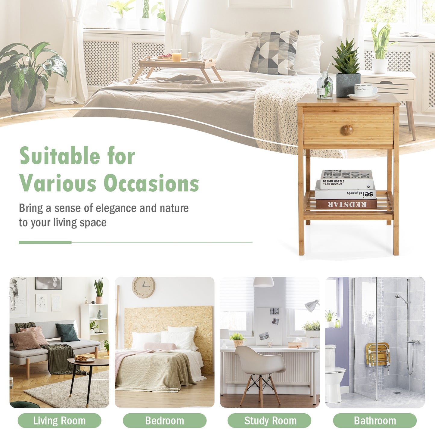 Bamboo Nightstand with Drawer and Open Shelf-Natural Kids Crystal