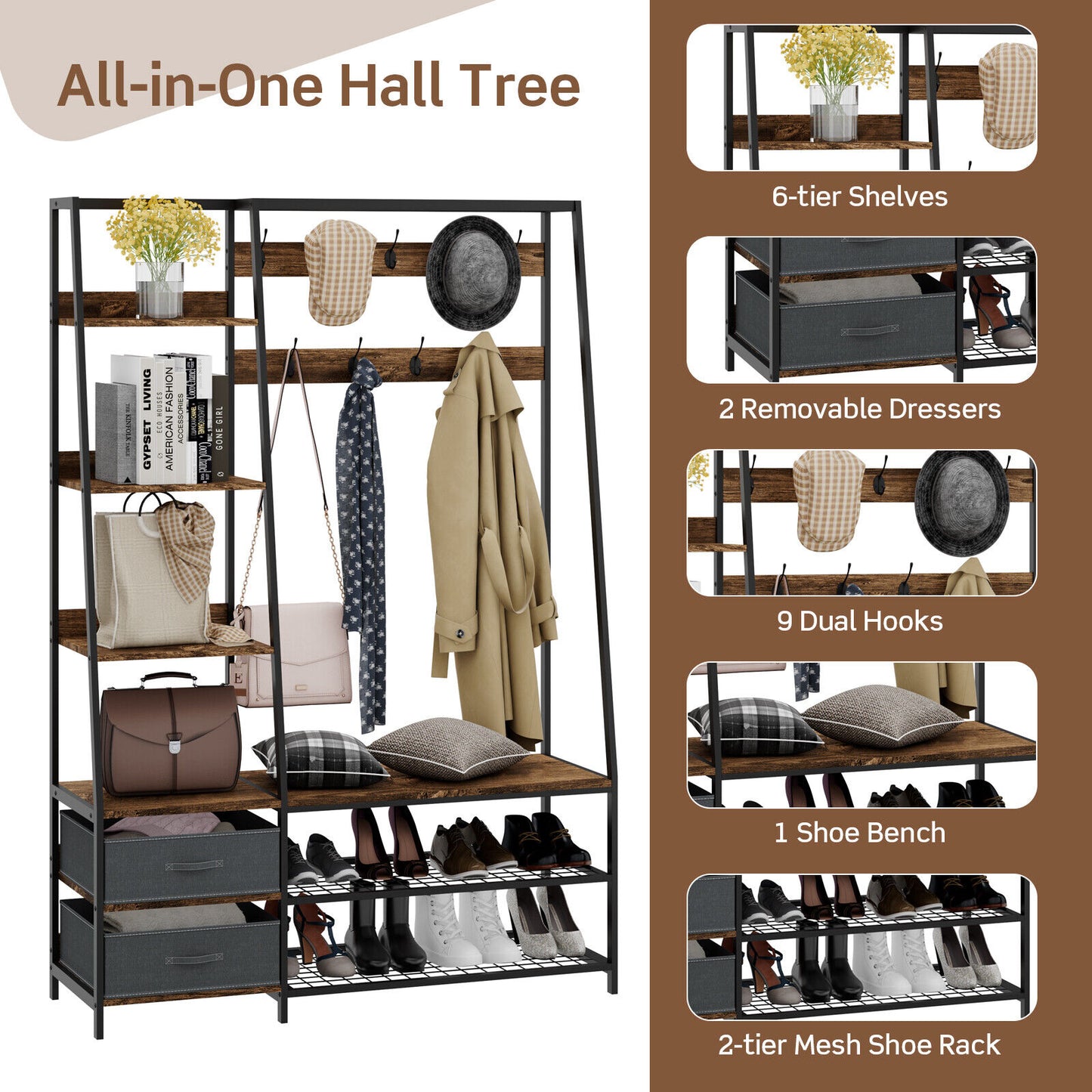 6-in-1 Freestanding Hall Tree Coat Rack with Bench and Fabric Dressers-Rustic Brown Kids Crystal