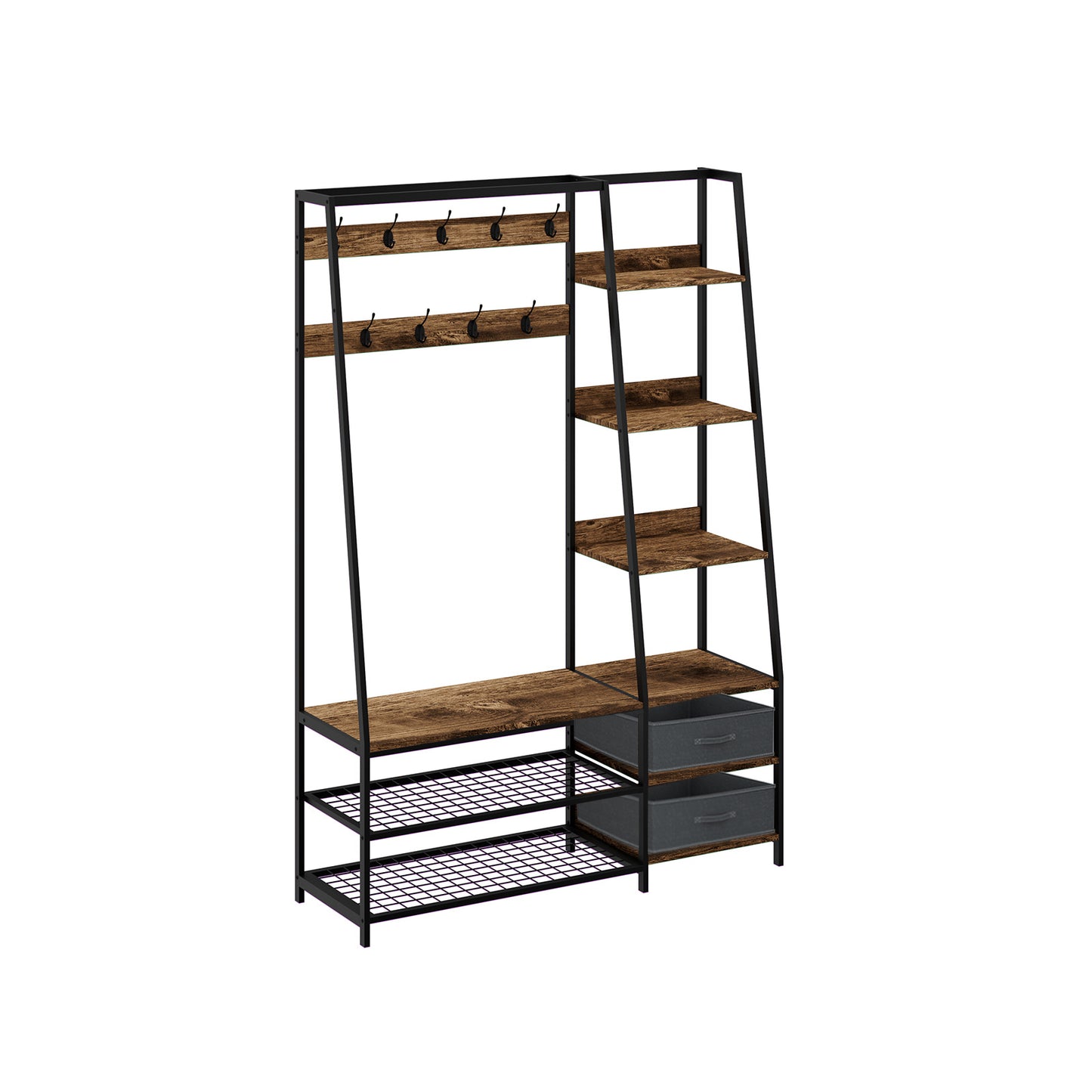 6-in-1 Freestanding Hall Tree Coat Rack with Bench and Fabric Dressers-Rustic Brown Kids Crystal