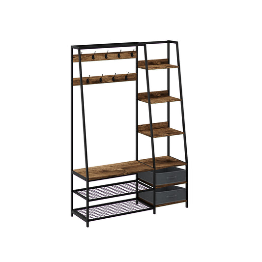 6-in-1 Freestanding Hall Tree Coat Rack with Bench and Fabric Dressers-Rustic Brown Kids Crystal