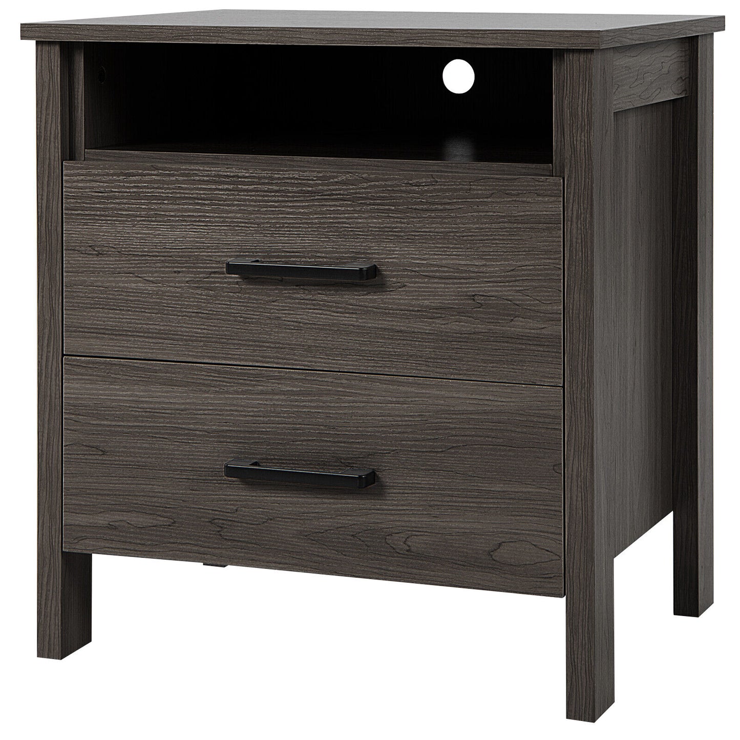 Modern Wood Grain Nightstand with Cable Hole and Open Compartment-Walnut Kids Crystal