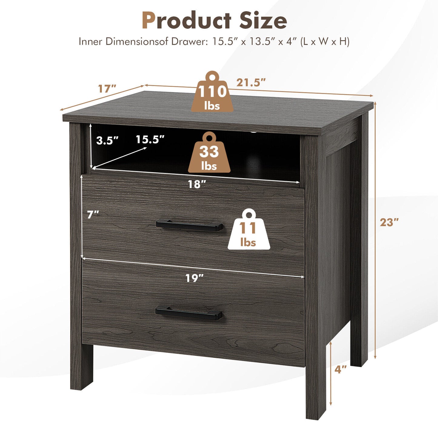 Modern Wood Grain Nightstand with Cable Hole and Open Compartment-Walnut Kids Crystal