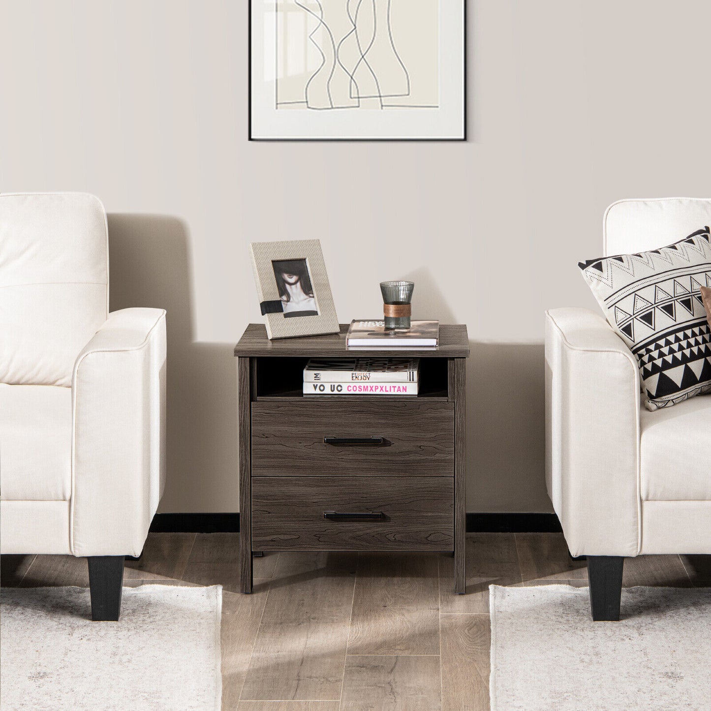 Modern Wood Grain Nightstand with Cable Hole and Open Compartment-Walnut Kids Crystal