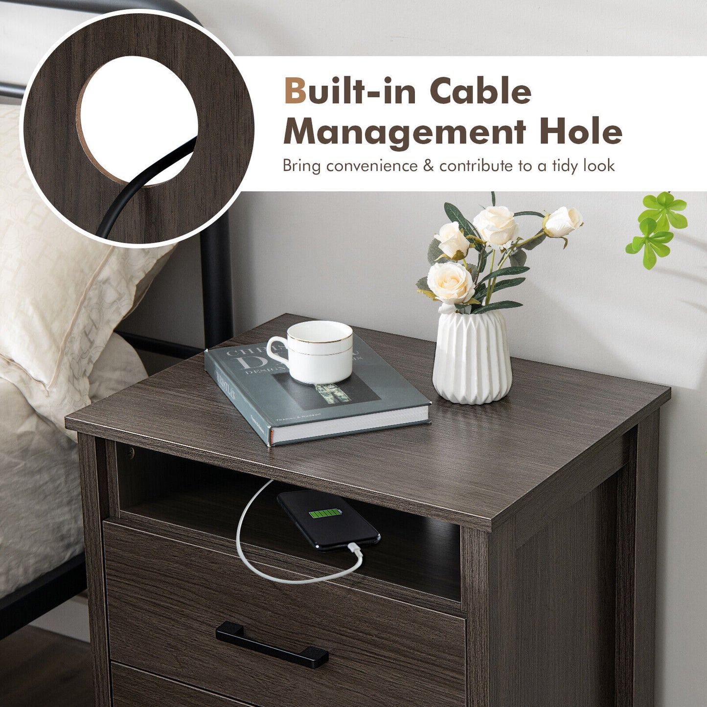 Modern Wood Grain Nightstand with Cable Hole and Open Compartment-Walnut Kids Crystal