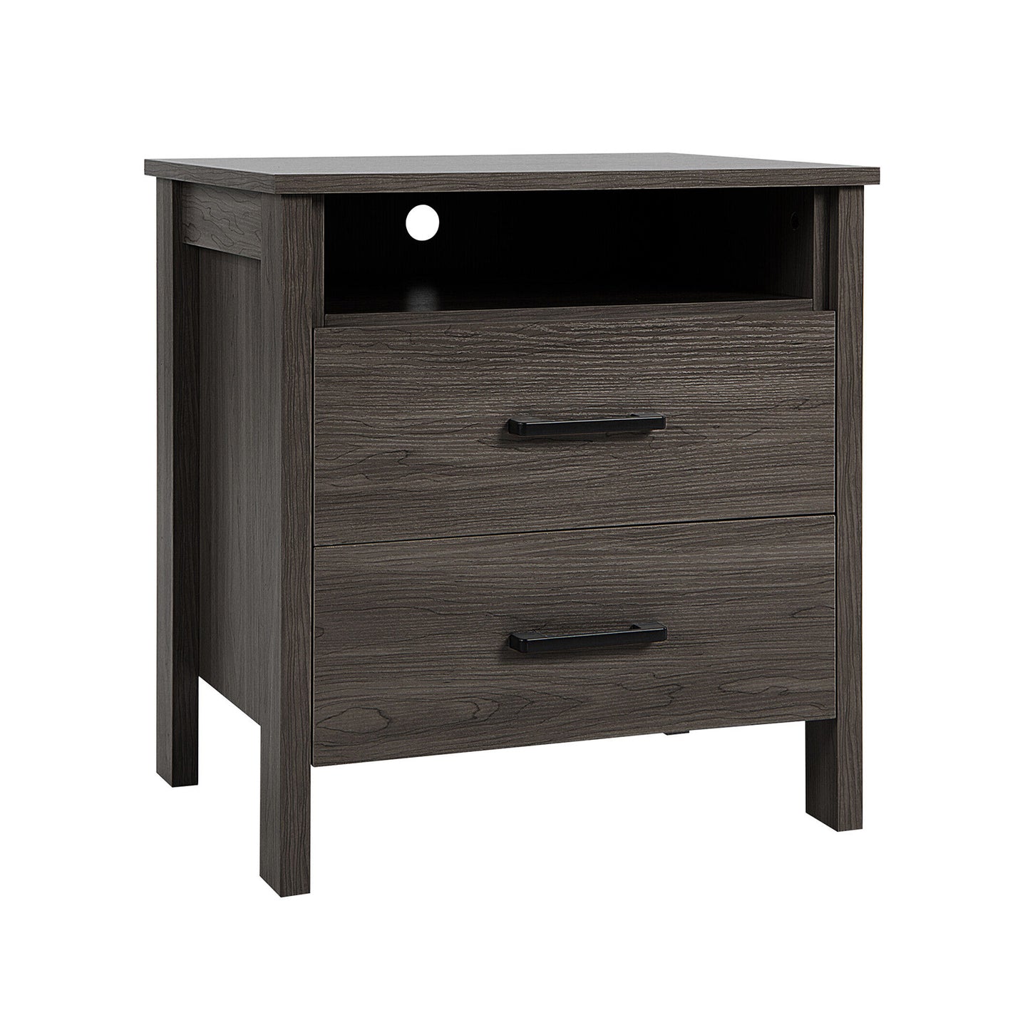 Modern Wood Grain Nightstand with Cable Hole and Open Compartment-Walnut Kids Crystal