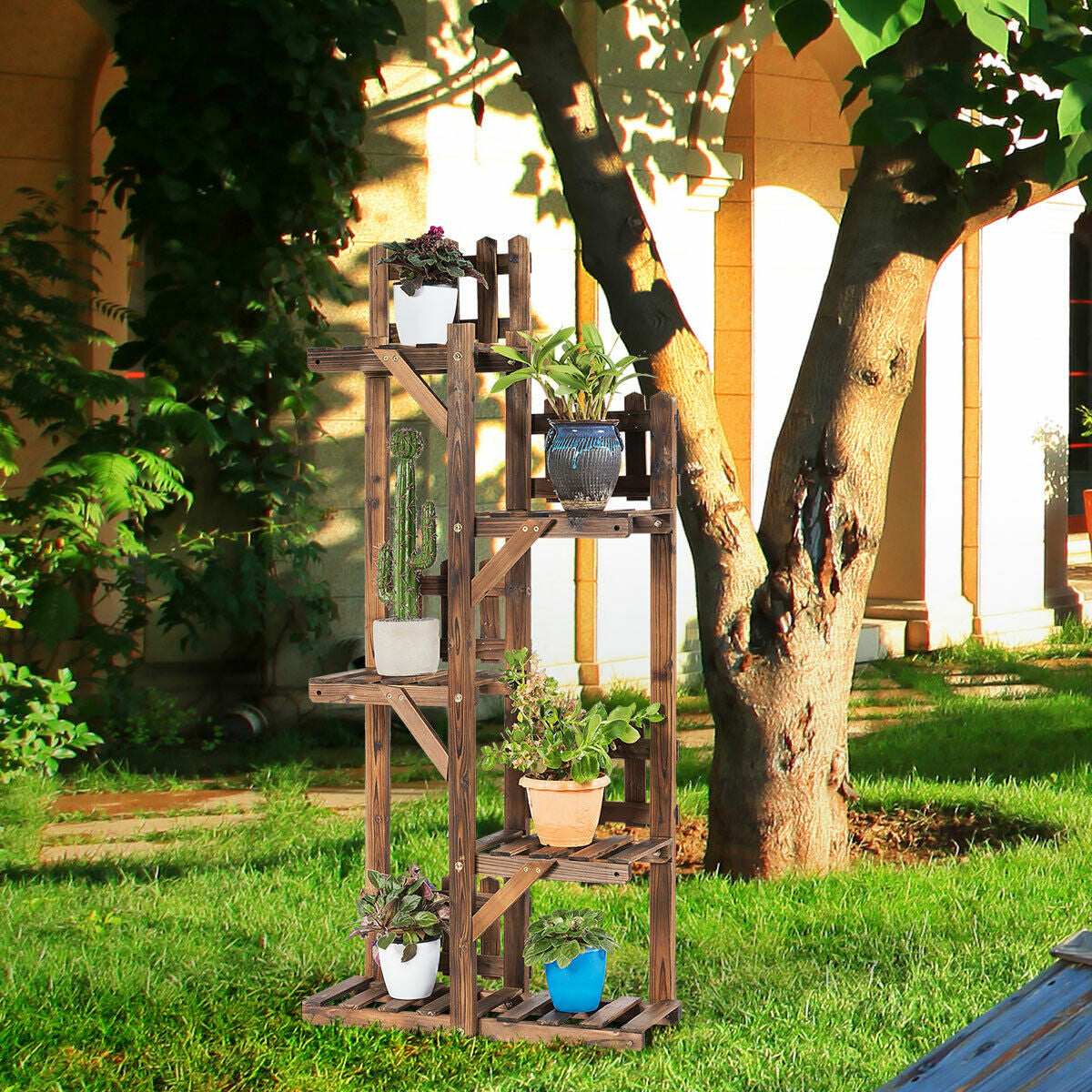 5-Tier Flower Rack Wood Plant Stand 6 Pots Display Shelf Kids Crystal