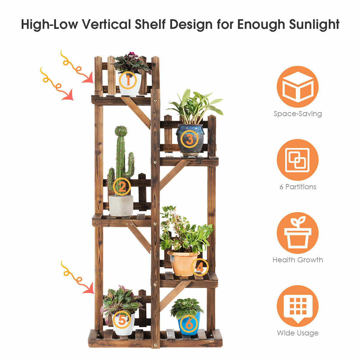 5-Tier Flower Rack Wood Plant Stand 6 Pots Display Shelf Kids Crystal