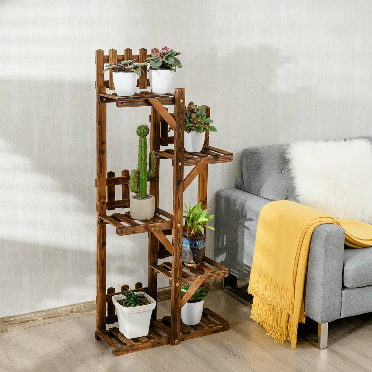 5-Tier Flower Rack Wood Plant Stand 6 Pots Display Shelf Kids Crystal