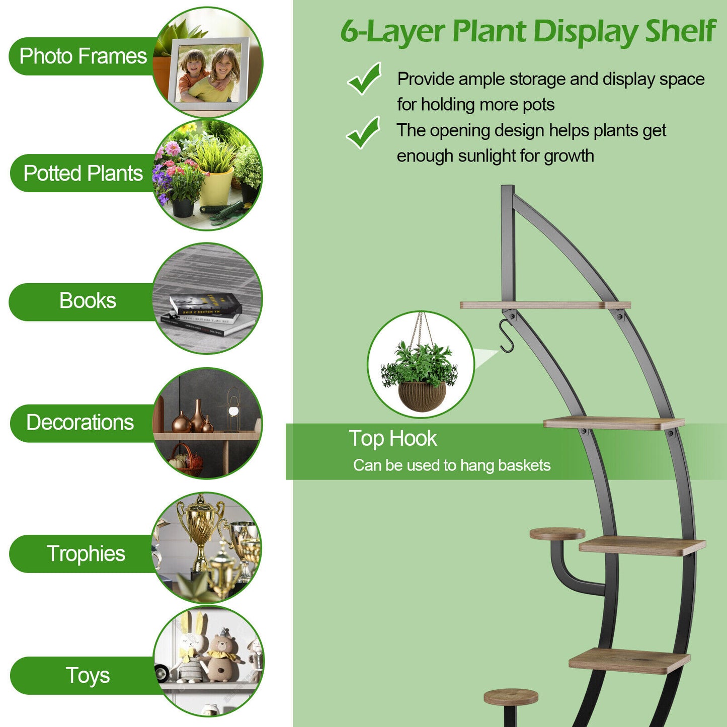 6 Tier 9 Potted Metal Plant Stand Holder Display Shelf with Hook-Natural Kids Crystal